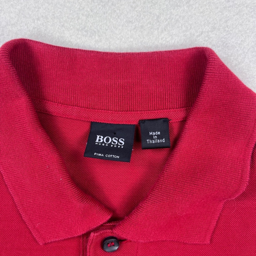 Hugo Boss Mens Red Pima Cotton Short Sleeve Polo Shirt Size L Logo Collared - Picture 3 of 9
